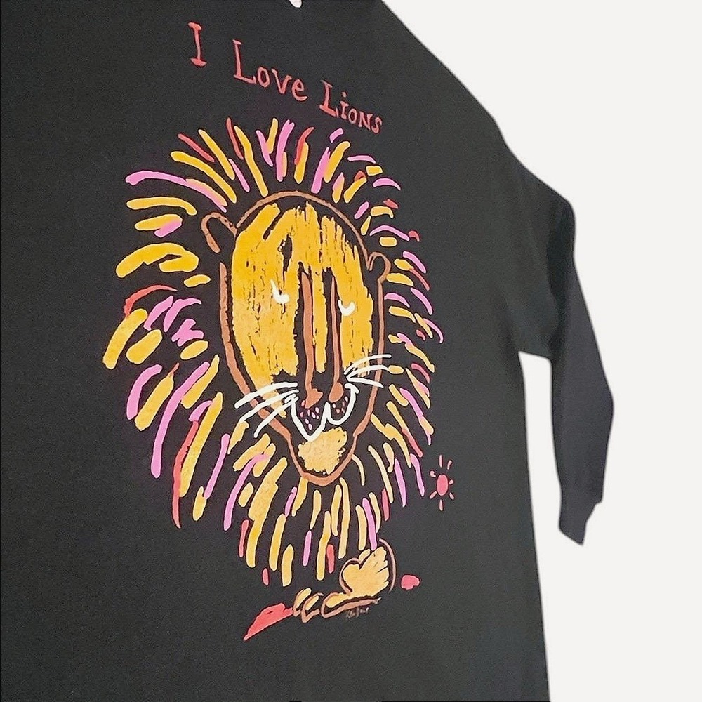 Vintage Ken Done I Love Lions Sweatshirt Black Graphic Crewneck Art 80s 90s OSFM - Picture 3 of 6